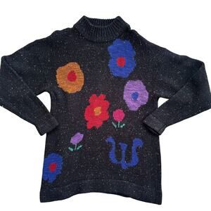 Vtg 1980s Harrington Park Floral Intarsia Mock Neck Sweater Sz Large